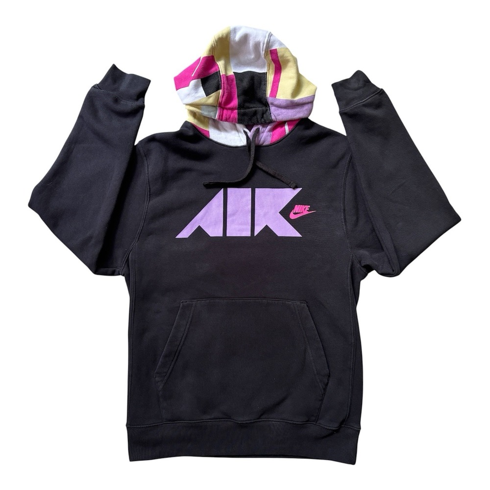 Nike Air Women M Black Pullover Hoodie Colorblock Graphic Logo Fleece Sweatshirt